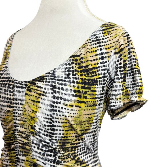 Worthington‎ S Abstract Dot Print Stretch Ruched Top Yellow Chic Y2K Girlhood - Picture 2 of 9